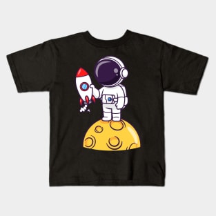 Cute Astronaut Holding Rocket On Moon Cartoon Kids T-Shirt